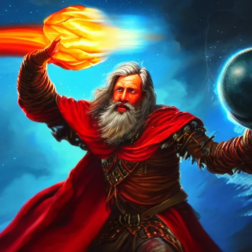 Image similar to Highly detailed oil painting, concept art, of a wizard casting a fireball spell, fighting against a huge ice giant, red and blue color scheme, concept art, highly detailed.