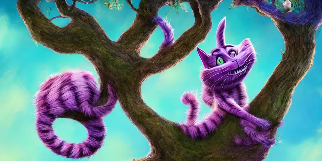 Image similar to The Cheshire Cat hanging in a tree, Alice in wonderland, colorful, wide angle, super highly detailed, professional digital painting, artstation, concept art, smooth, sharp focus, no blur, no dof, extreme illustration, Unreal Engine 5, Photorealism, HD quality, 8k resolution, cinema 4d, 3D, beautiful, cinematic, art by artgerm and greg rutkowski and alphonse mucha and loish and WLOP