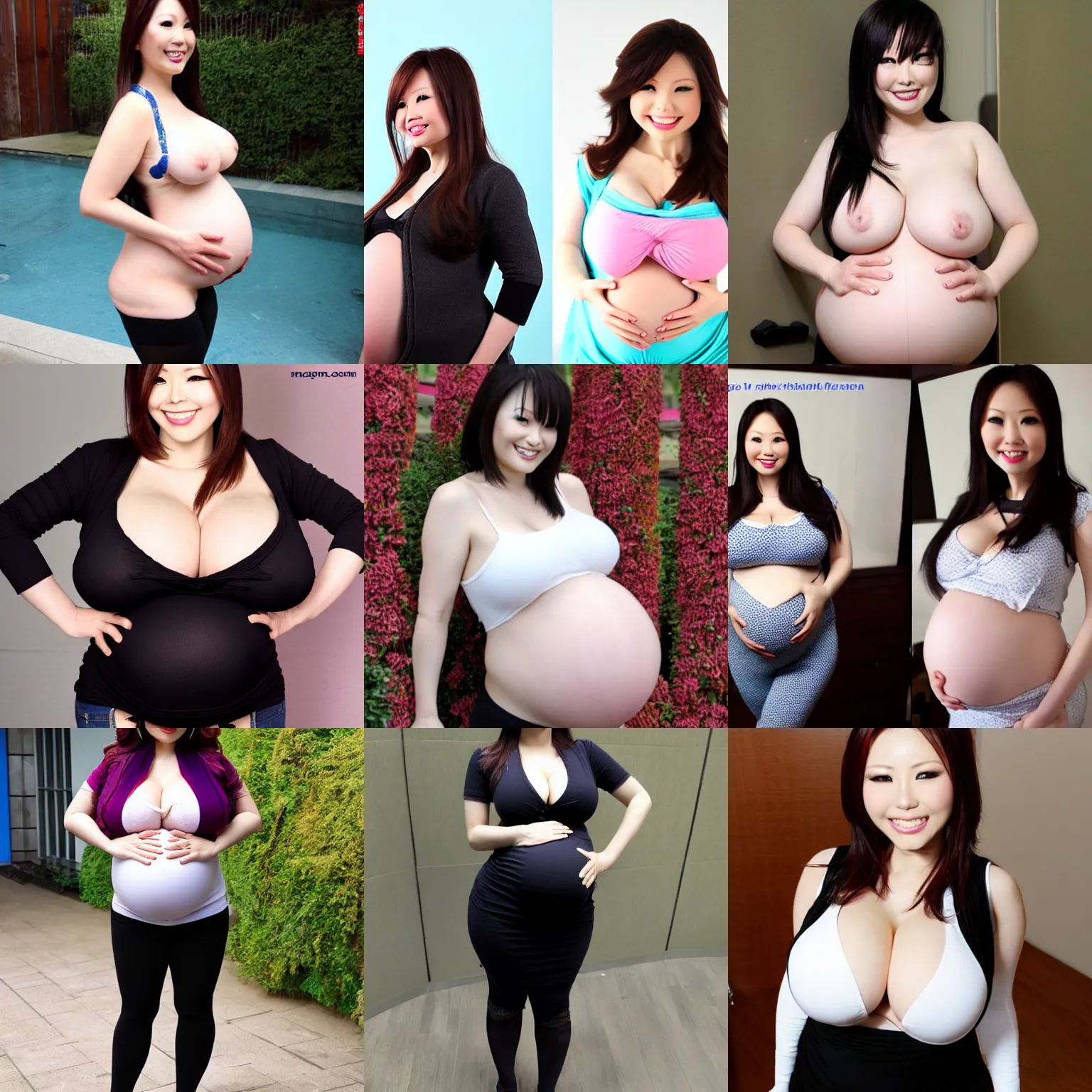 Prompt: hitomi tanaka with biggest pregnancy ever, standing sideways, full body view, realistic, smiling
