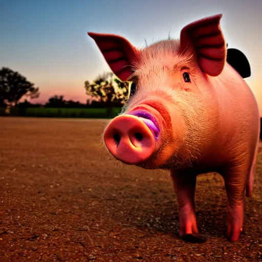 Prompt: a pig wearing a straw hat at blue hour, twilight, cool, award winning 4 k photo