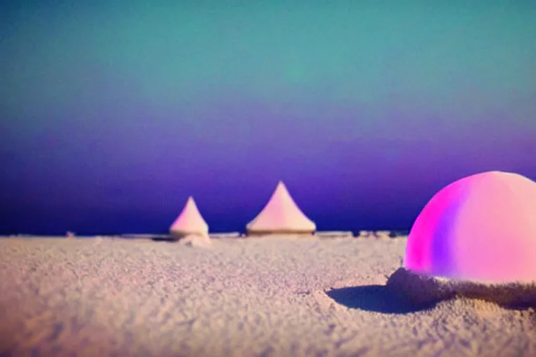 Prompt: a vintage family holiday photo of an empty beach from an alien dreamstate world with chalky pink iridescent!! sand, reflective lavender ocean water and a pale igloo shaped plastic bell tent. refraction, volumetric, light.