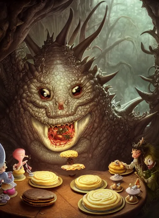 Image similar to highly detailed closeup portrait of a fairytale dragon eating cakes, unreal engine, nicoletta ceccoli, mark ryden, earl norem, lostfish, hyung tae, frank frazetta, global illumination, detailed and intricate environment