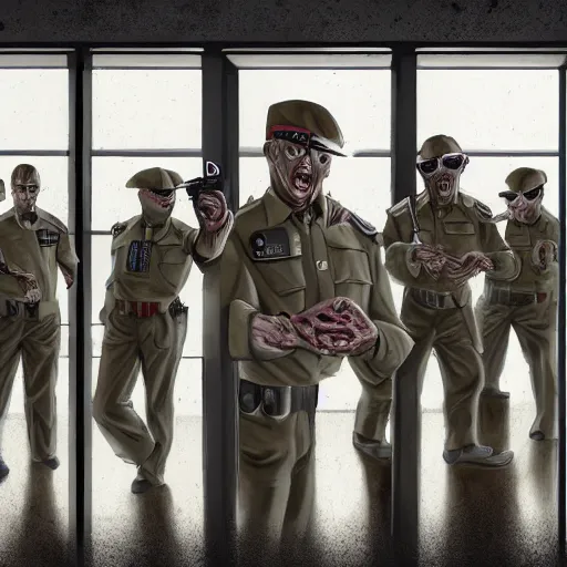 Image similar to zombie security officers ( beige uniform and caps ) wield ( uzis ) in ( brutalist concrete office ) ( floating in red spectral aura ) trending on artstation high detail digital painting 4 k 8 k hd