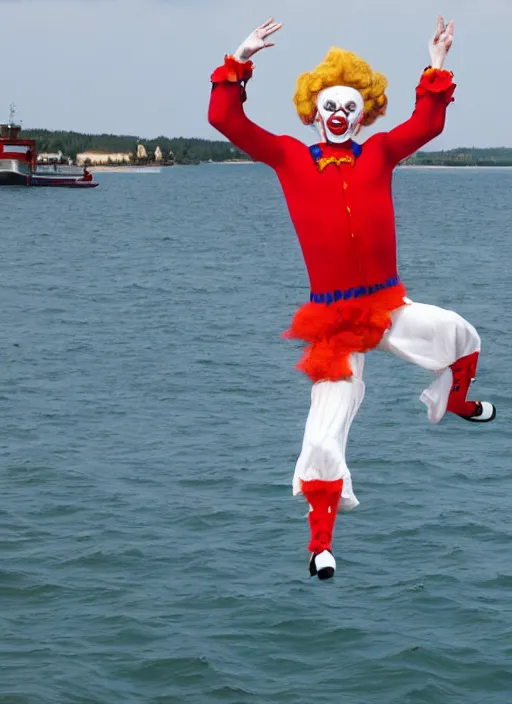 Image similar to 8 0 mm vladamir putin dressed as a clown falling off a boat 4 k, full body,