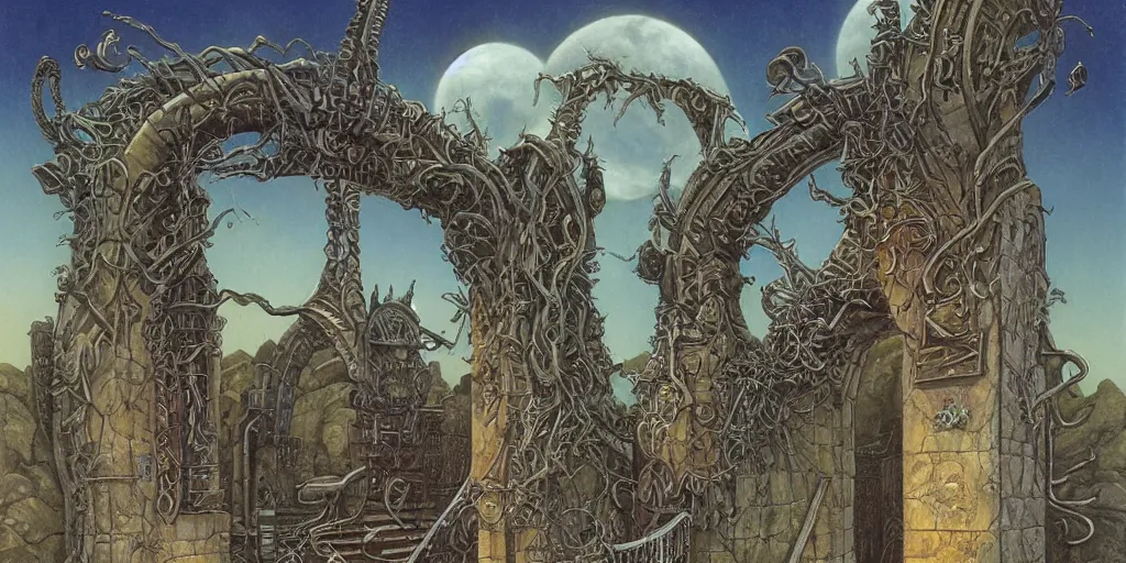 Prompt: the building made by fish bone, by Gerald Brom, Japanese Torii Gate