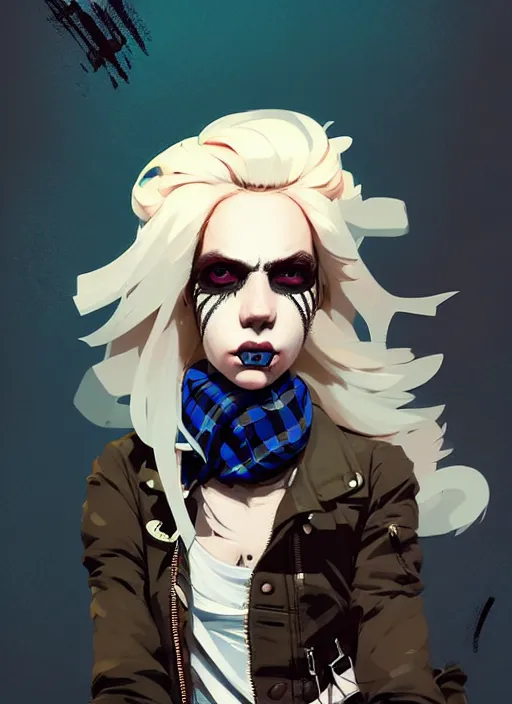 Image similar to highly detailed closeup portrait of a sewer punk lady thief student, tartan vestments, blonde hair by atey ghailan, by greg rutkowski, by greg tocchini, by james gilleard, by joe fenton, by kaethe butcher, gradient, blue, black, brown and cream color scheme, grunge aesthetic!!! white graffiti tag wall background