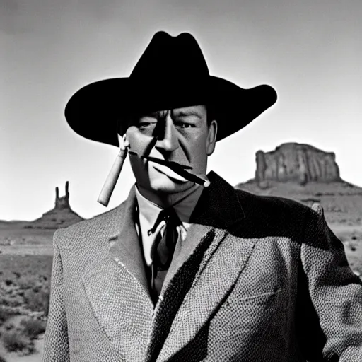 Image similar to a cinematic 5 0 s portrait photography of john wayne smoking a big joint, cowboy, monument valley landscape, flying saucer, farwest,