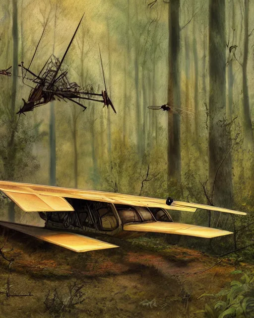 Image similar to ornithopter abandoned in a forest, illustration by wojciech siudmak, art station