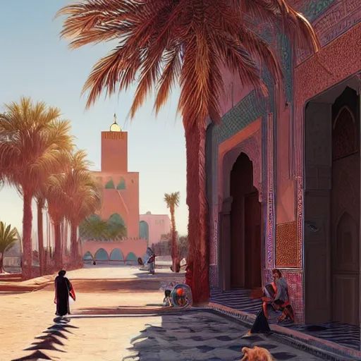 Prompt: cat travels through marrakech streets, morocco, palm trees, mosque, vaporwave, highly detailed, digital painting, artstation, concept art, smooth, sharp focus, illustration, art by artgerm and greg rutkowski and alphonse mucha