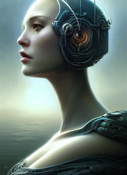 Image similar to closeup portrait shot of a female android in a scenic dystopian environment, intricate, elegant, highly detailed, centered, digital painting, artstation, concept art, smooth, sharp focus, illustration, artgerm, tomasz alen kopera, peter mohrbacher, donato giancola, joseph christian leyendecker, wlop, boris vallejo