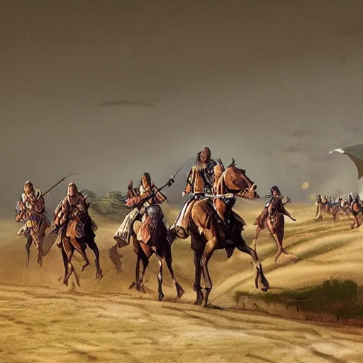 Image similar to nomads storming through flatlands, illustration, realistic