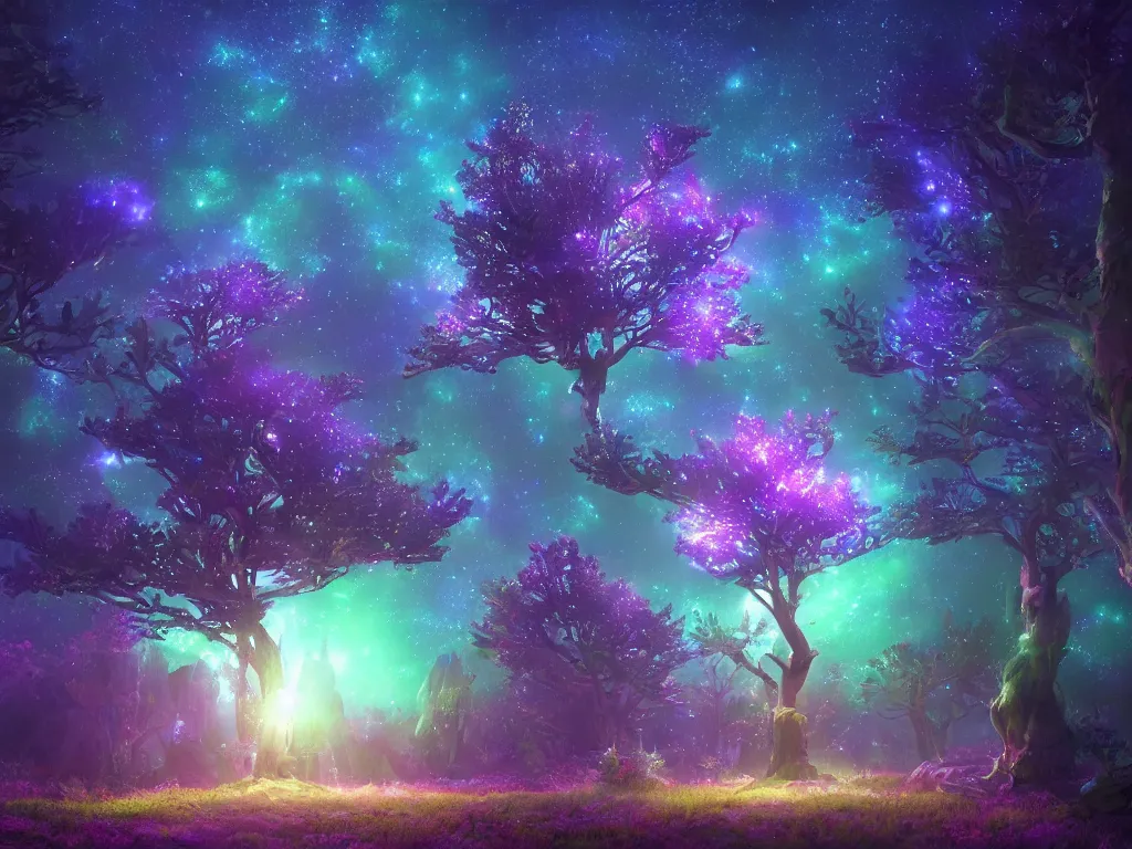 Image similar to a magical tree glowing with starry dusted light, deep color, fantasy art, by beeple and pixar and avatar vivid glowing colors, extreme detail, studio ghibli and pixar and abzu, rendering, cryengine, deep colors, purple and blue and green colors, vray render, cgsociety