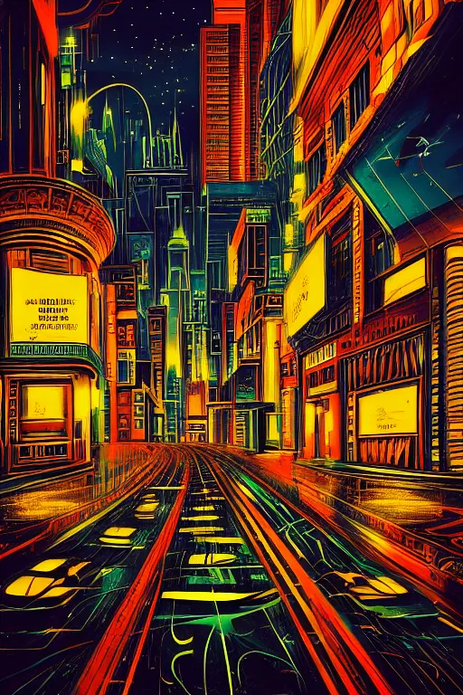 Prompt: night city, aesthetic, popular subject art style, pop art style, by mike swiderek, jorge lacera, ben lo, tyler west,, ultrarealistic, sharp focus, intricate, ultra high definition, ultra resolution details, no duplicate, proportional, shadow effect, baroque environment