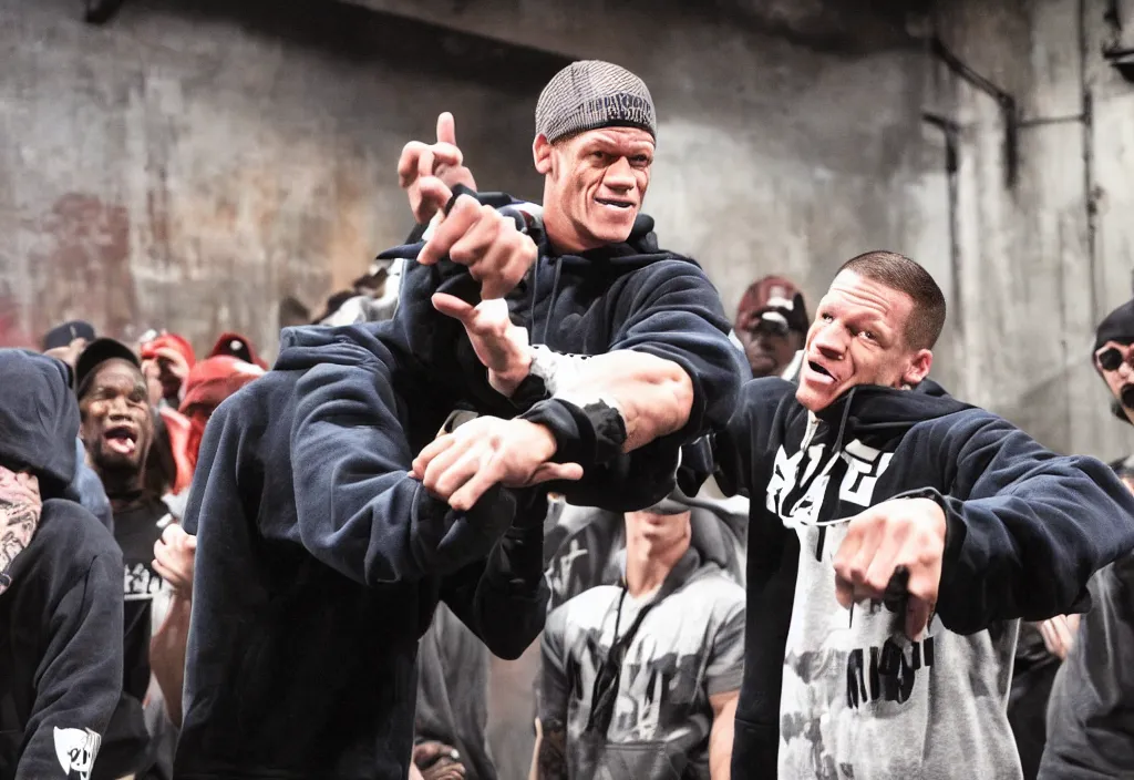 Image similar to john cena in a hoodie during a rap battle held in a warehouse. Rap battle from the movie 8 mile.