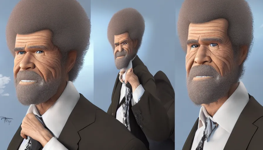 Image similar to Bob Ross in suit and tie, hyperdetailed, artstation, cgsociety, 8k