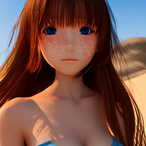 Image similar to Render of a very beautiful 3d anime girl, long hair, hazel eyes, cute freckles, full round face, short smile, cute sundress, golden hour, serene beach setting, medium shot, mid-shot, highly detailed, trending on Artstation, Unreal Engine 4k