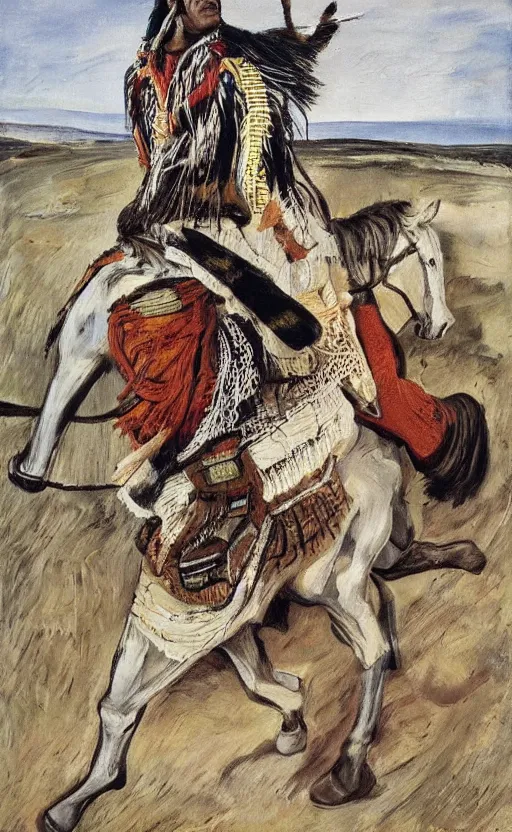 Image similar to full body shot picture of indigenous people leader riding a horse, painted by lucian freud, hd, super detailed, realistic, muted colors