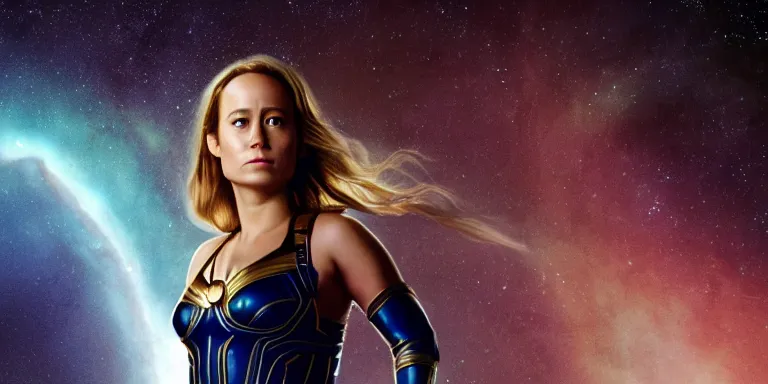 Image similar to film still of unrealistically curvy brie larson, focus on facial - detail!!!!!!, walking on the bifrost, toward an endless abyss in space, wearing a flowy bikini inspired by ancient roman clothing, beautiful astronomical background with galaxies and nebulas, lack of sunlight, 8 k resolution, cinematic lighting, anatomically correct, by christopher nolan