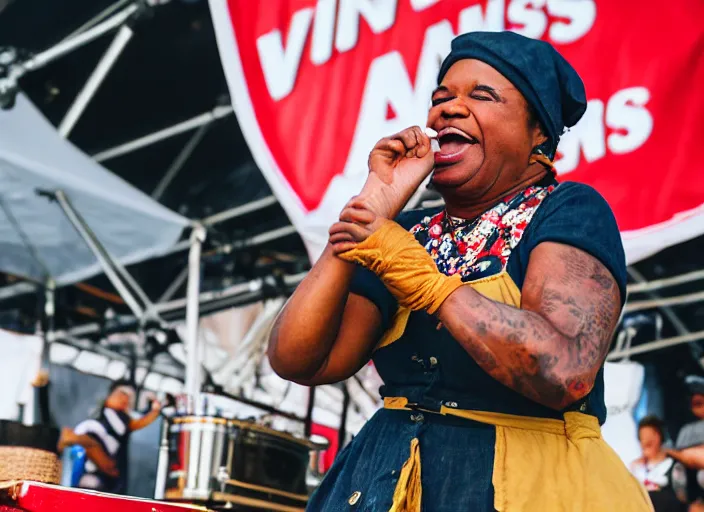 Image similar to photo still of aunt jemima in period attire at vans warped tour!!!!!!!! at age 4 0 years old 4 0 years of age!!!!!!! on stage pouring maple syrup on the crowd, 8 k, 8 5 mm f 1. 8, studio lighting, rim light, right side key light