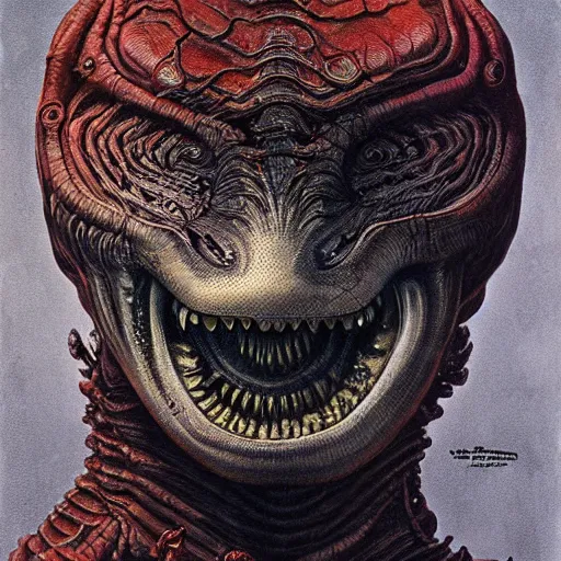 Prompt: space alien, slimy, glossy, sharp teeth, by h. r. giger, beksinski, nightmare fuel, nightmarish, intricate, highly detailed, optical illusion, stranger things demogorgon, cave lighting, flickering