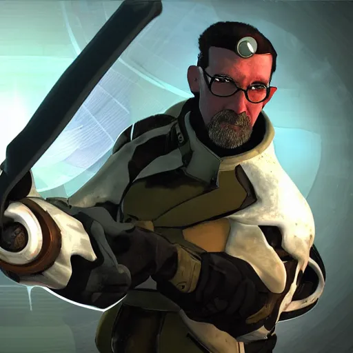 Image similar to gordon freeman with a halo over his head and fish for hands