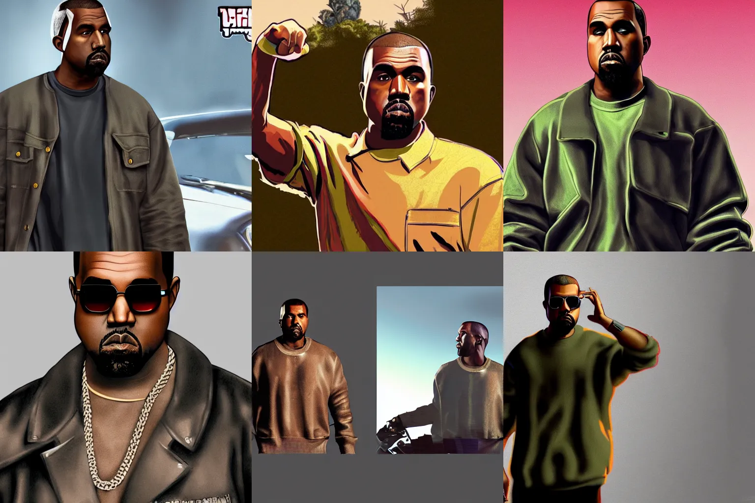 Prompt: Kanye West, GTA 5 loading screen, concept art by Anthony McBain , no text