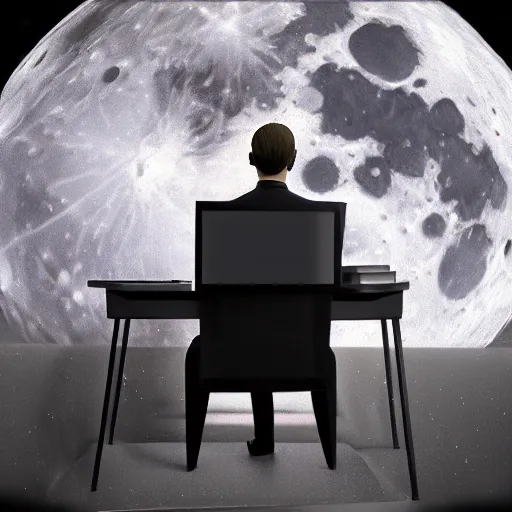 Image similar to 3 d, ultra realism, pencil art, extra detail, back of a man sitting on his chair with a desk and his futuristic laptop, on the moon, with the universe in the background