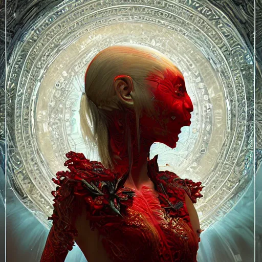 Image similar to The red alien lady, intricated traditional Chinese textures, rococo decorations, hyper detail, Unreal engine,Octane render, by Karol Bak