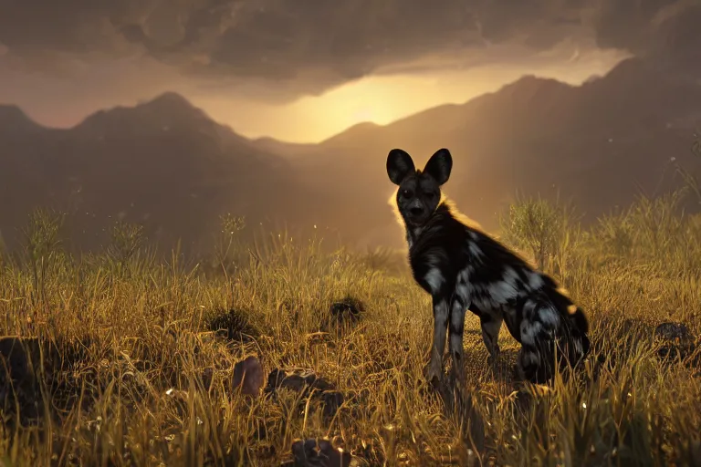 Prompt: an african wild dog sitting up and alert on the african plains, friendly, long grass, sparkling water, glistening, hyper realistic, hyper detailed, digital art, trending in artstation, cinematic lighting, studio quality, smooth render, unreal engine 5 rendered, octane rendered, by paul lehr