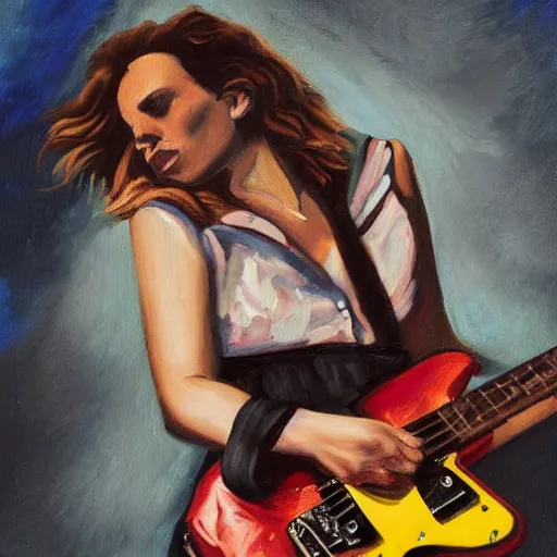 Prompt: Anna Calvi playing electric guitar, oil painting by Lindsay Bernard Hall