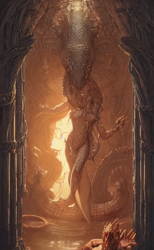 Image similar to crocodile godess in temple portal, reptilian skin, d & d, fantasy, intricate, elegant, highly detailed, digital painting, artstation, concept art, matte, sharp focus, illustration, art by artgerm and greg rutkowski and alphonse mucha