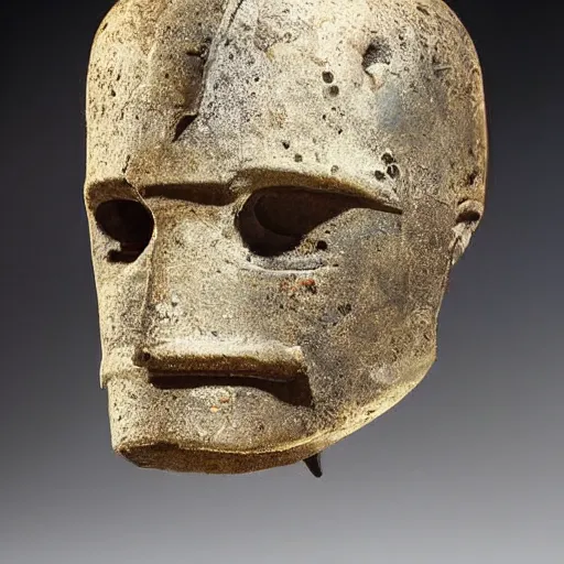 Image similar to an extremely ancient ironman bust that is tarnished and covered in sediment from uncovered earth expedition, rare photograph, smithsonian,