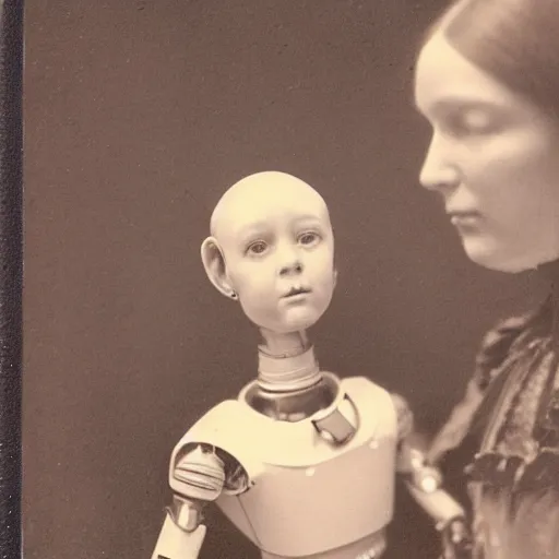 Prompt: portrait of a life size victorian female robot standing in with a human child in her care, 8 k, soft lighting, highly detailed realistic, face in focus polaroid photography