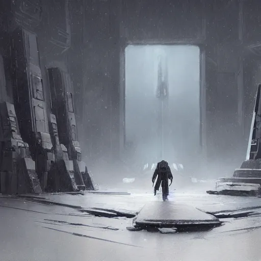 Image similar to star wars concept art by greg rutkowski, a brutalist - looking and imposing temple in the middle of a snowy, dark and hostile landscape, strong blizzards, poor lighting, evil atmosphere, artstation hq.