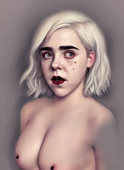 Image similar to full body portrait, kiernan shipka as sabrina spellman, white hair, obese, bangs, sultry, realistic, sultry smirk, fluffy bangs, freckles, fat, belly, intricate, elegant, highly detailed, digital painting, artstation, concept art, smooth, sharp focus, illustration, art by wlop, mars ravelo and greg rutkowski