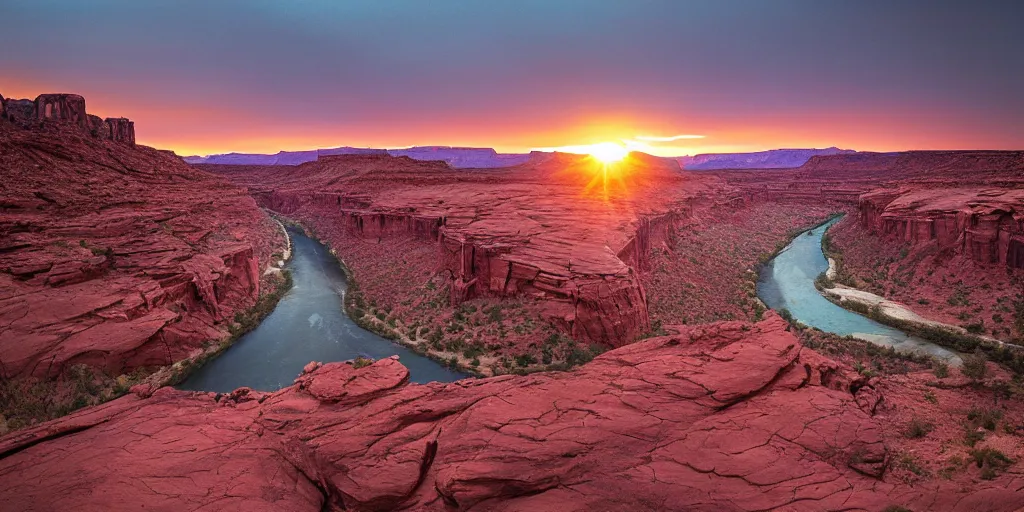 Image similar to “a river bend running through a canyon surrounded by desert mountains at sunset, moab, utah, a tilt shift photo by Frederic Church, trending on unsplash, hudson river school, photo taken with provia, national geographic photo”