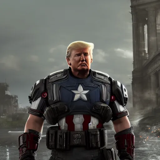 Image similar to Portrait! of President Donald Trump as ((captain america)) in Gears of War, splash art, movie still, cinematic lighting, dramatic, octane render, long lens, shallow depth of field, bokeh, anamorphic lens flare, 8k, hyper detailed, 35mm film grain