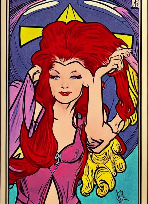 Prompt: a woman with red hair. she is a superhero, wearing a superhero costume. well composed, clean elegant painting, beautiful detailed face. retro comic book art by steve ditko and jack kirby and ( alphonse mucha )