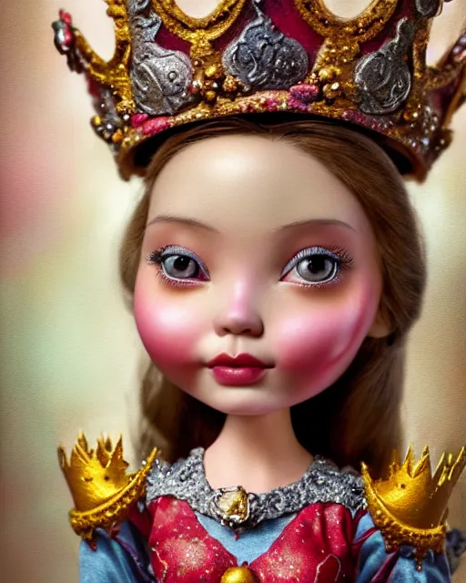Prompt: closeup profile portrait of a tin toy fairytale princess wearing a crown and sitting on a throne, bikini, hyper realistic, artstation, illustration, concept art by nicoletta ceccoli, mark ryden, lostfish, dan decarlo, bob clampett, max fleischer, digital paint, matte paint, washed colors, dark, gloomy, detailed and intricate environment