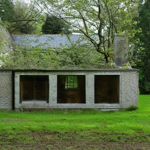 Prompt: farmhouse in the woods, created by marcel duchamp in the style of the great glass