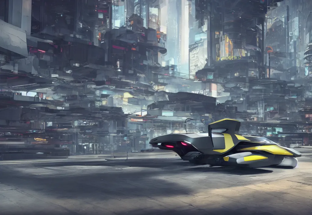 Image similar to octane render of new cyberpunk flying hover version of Renault sandero from 2077 in the city of future