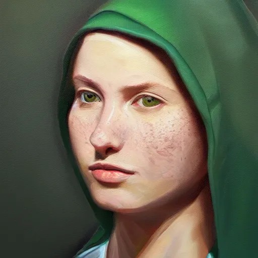 Prompt: woman with freckles, short brown hair, green eyes, wearing a grey hooded sweatshirt, trending on artstation, oil painting, volumetric light