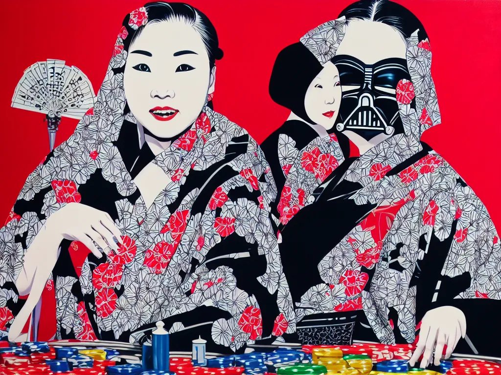 Image similar to hyperrealistim composition of the detailed single woman in a japanese kimono sitting at a extremely detailed poker table with hyperdetailed darth vader, fireworks, mountain fuji on the background, pop - art style, jacky tsai style, andy warhol style, acrylic on canvas