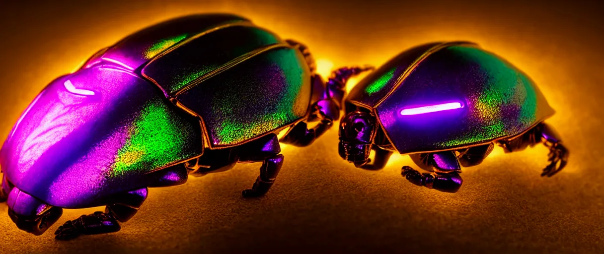 Prompt: high quality photo glowy iridescent cyborg scarab! jeweled very beautiful! highly detailed digital art david ligare elson peter cinematic purple neon lighting high quality low angle hd 8k sharp shallow depth of field