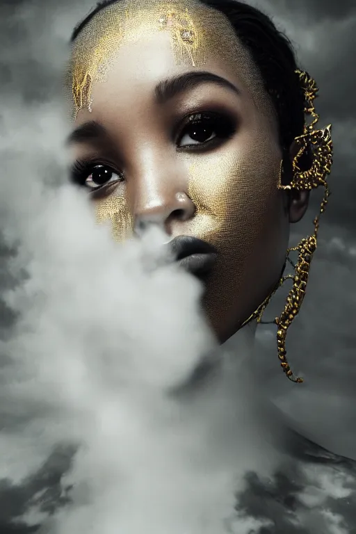 Image similar to a photorealistic portrait of tinashe as mysterious dark goddess of death, realism, clouds, swirling fabric, elaborate ornate growth, gilded relief, trending on artstation, by alessio albi