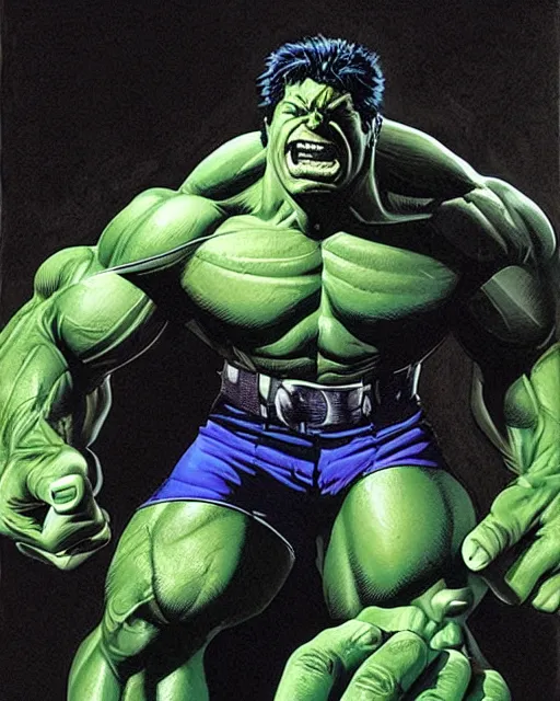 Image similar to a portrait of the incredible hulk looking angry in new york city by joe jusko. dramatic lighting.