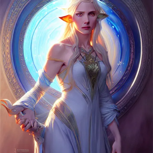 Image similar to half elf sorceress, D&D, blue eyes, blonde hair, fantasy, intricate, elegant, highly detailed, digital painting, artstation, concept art, smooth, sharp focus, illustration, art by artgerm and greg rutkowski and alphonse mucha