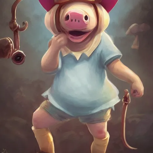 Image similar to cute little anthropomorphic funny female pig wearing shorts, a sunhat, boots and a pale blue shirt!! tiny!! fully clothed!!! small, short, cute and adorable, character art portrait, matte fantasy painting, deviantart artstation, by jason felix by steve argyle by tyler jacobson by peter mohrbacher, cinema