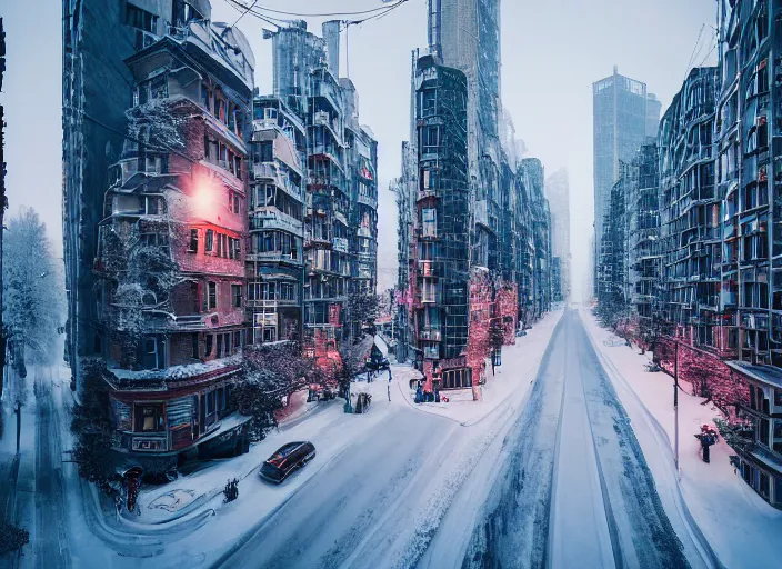 Image similar to a city street covered with snow, winter, dusk, futuristic city, robots populate the street, futuristic cars, extremely detailed, sharp focus, rule of thirds, award winning photography. photo by victor enrich, liam wong.