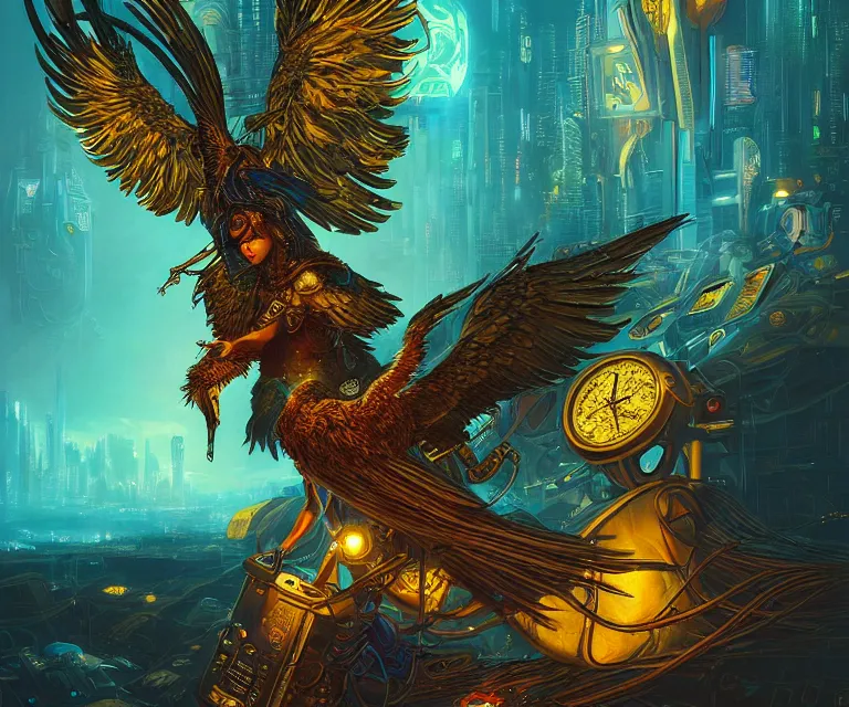 Image similar to a beautiful tarot card artwork of a cyberpunk seraphim in nature, backlit, highly detailed, golden hour, digital painting, by ina wong and justin gerard and dan mumford and artgerm, vivid colors, masterpiece, detailed shading, 8 k resolution, intricate, smooth